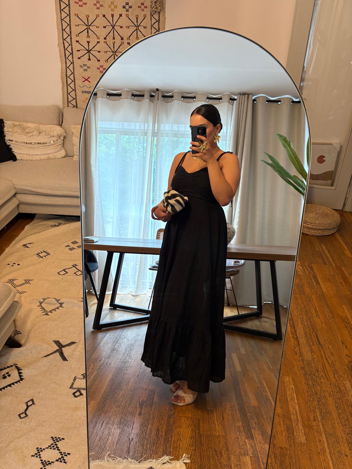 Robe Noire en Lin à Bretelles Nouées – Longueur Midi