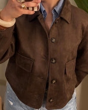 Veste courte marron effet daim - élégance et tendance automnale